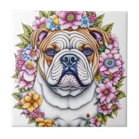 Ai Art Bulldog Surrounded by Whimsical Flowers Ceramic Tile