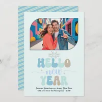 Ocean Mist Hello New Year Blue Retro Photo Holiday Card