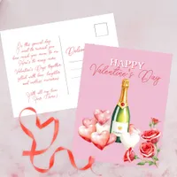 Romantic Valentine's Day Champagne Roses & Hearts Postcard