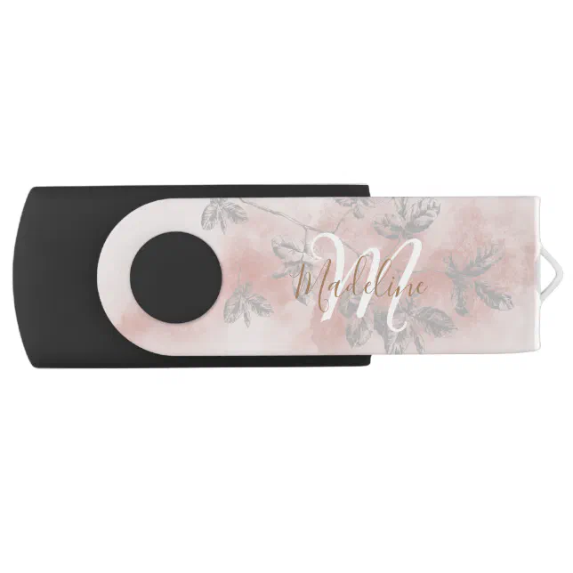 Watercolor Botanical Leaves Foliage Pink Monogram Flash Drive