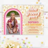 Nine Groovy Retro Daisy Photo Birthday Invitation 