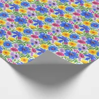 Vivid Blue Yellow Red Purple Flowers Pattern Wrapping Paper