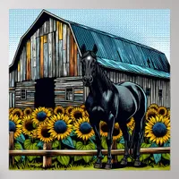 Pretty Black Horse and Rustic Barn with Sunflowers Poster