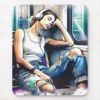 Woman Sleeping on the Subway Listening to Music Mouse Pad