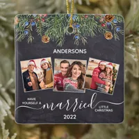 Rustic Married First Christmas Newlyweds 3 Photo Ceramic Ornament