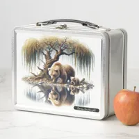 Collectible Bear Family Beside a Tranquil Stream Metal Lunch Box