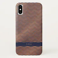 Navy Blue Copper Gold Foil Chevron Monogram iPhone XS Case