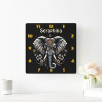 Floral dawn elephant art square wall clock