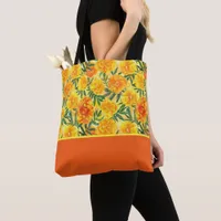 Watercolor Yellow and Orange Marigolds, Color Bloc Tote Bag