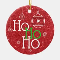 Festive Ho Ho Ho on red glitter background Ceramic Ornament