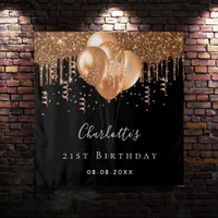 Birthday black gold glitter balloons name tapestry