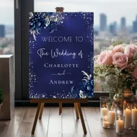 Wedding navy blue silver glitter flowers welcome foam board