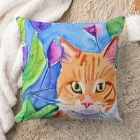 Colorful Watercolor Art | Orange Cat and Flowers Throw Pillow