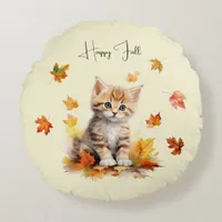 Cute Orange Tabby Kitten in Fall Leaves Round Pillow