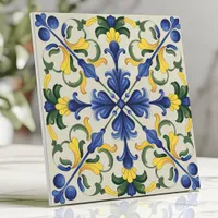 Vibrant Blue and Yellow Mediterranean Floral  Ceramic Tile