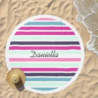 Pretty Stripes Pink Aqua Trendy Round Personalized Beach Towel