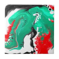 Red, Green, Black and White Marble Fluid Art   Ceramic Tile