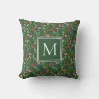 Colorful Boho Spring Flowers Green Monogram Throw Pillow