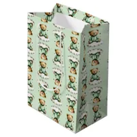 Cute Teddy Bear Green PJs Green Background Medium Gift Bag