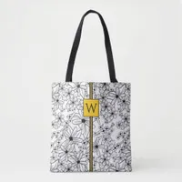 Hand Drawn Floral White Black Pattern and Monogram Tote Bag