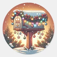 Festive Mailbox with Christmas Lights Holiday Classic Round Sticker