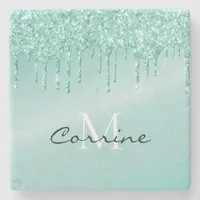 Aqua Blue Dripping Glitter Monogram Name Metallic Stone Coaster