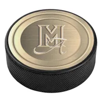 Metallic Gold Steel Engraved Monogram Hockey Puck