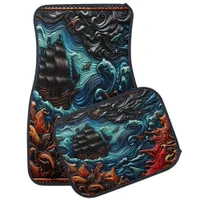 Detailed Leather Art Depicting a Ship at Sea Car Floor Mat