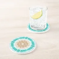 Round Ocean Waves Teal and Turquoise Mandala Coaster