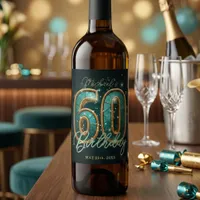 Elegant Glam Teal Gold 60th Milestone Birthday Wine Label