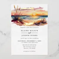 Rustic Watercolor Sunset Beach Seascape Wedding Foil Invitation