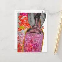 Whisky Bottle Pink Orange Mixed Media Collage Postcard