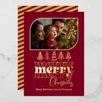 Burgundy & Gold Retro Doodle Christmas Photo Foil Holiday Card