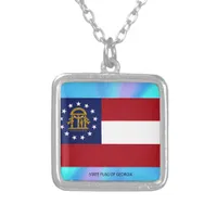 Georgia State Flag Square Silver Plated Necklace