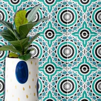Teal Black & White Tribal Ethnic Geometric Pattern Ceramic Tile