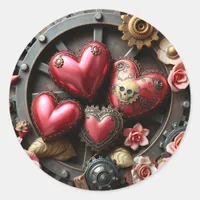 Red Hearts, Skull, Flowers Steampunk Classic Round Sticker