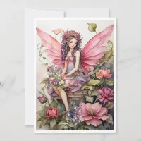 Cute Fairy in Pink Meadow of Flowers Invitation