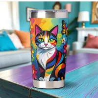 Colorful Paper Cat, Flowers and Butterflies Insulated Tumbler