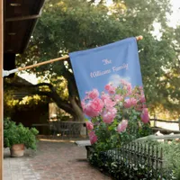 Pink rose bush under blue sky, custom  house flag