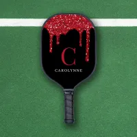 Chic Red Sparkle Glitter Drips Monogram Pickleball Paddle