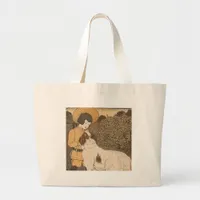 Girl and a dog large tote bag