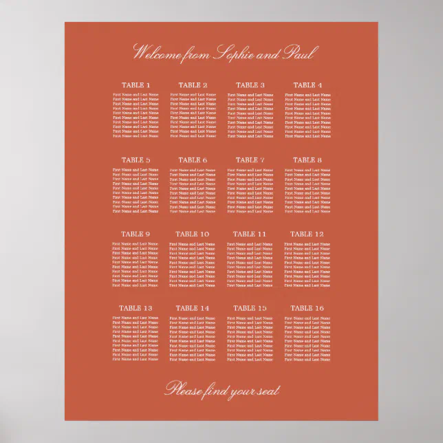 Terracotta 16 Table Wedding Seating Chart Poster