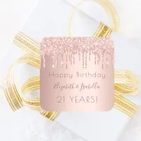 Birthday party rose gold pink two 2 persons square sticker