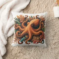 Colorful Octopus Camouflaged Among Coral Reef Throw Pillow