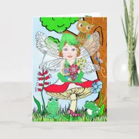 Whimsical Fairy Elf on Magic Mushroom Birthday Card