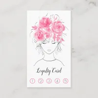 Cute pretty girl with pink watercolor roses-Floral Loyalty Card