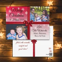 Merry Christmas Family Photo Burgundy Bow Holiday Postcard