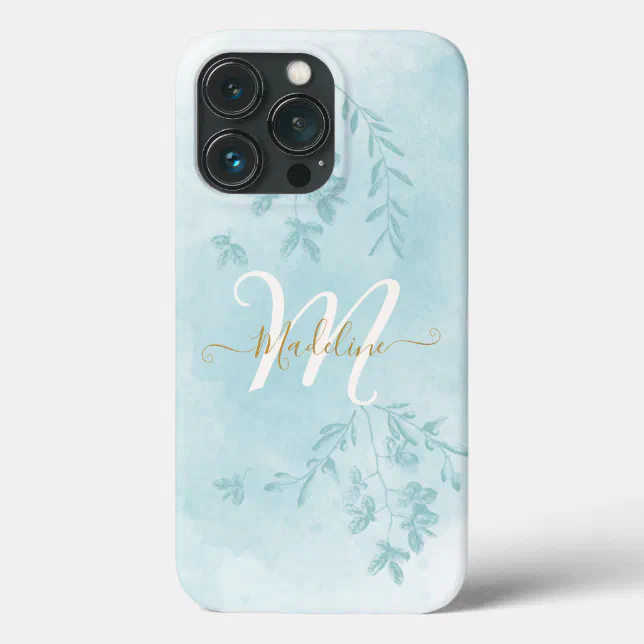 Watercolor Botanical Leaves Foliage Blue Monogram iPhone 13 Pro Case