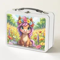 Pretty Pony with Flowers Personalized Metal Lunch Box
