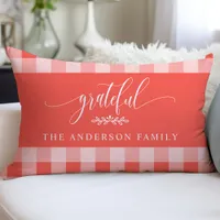Coral & White Buffalo Check Grateful Personalized Lumbar Pillow